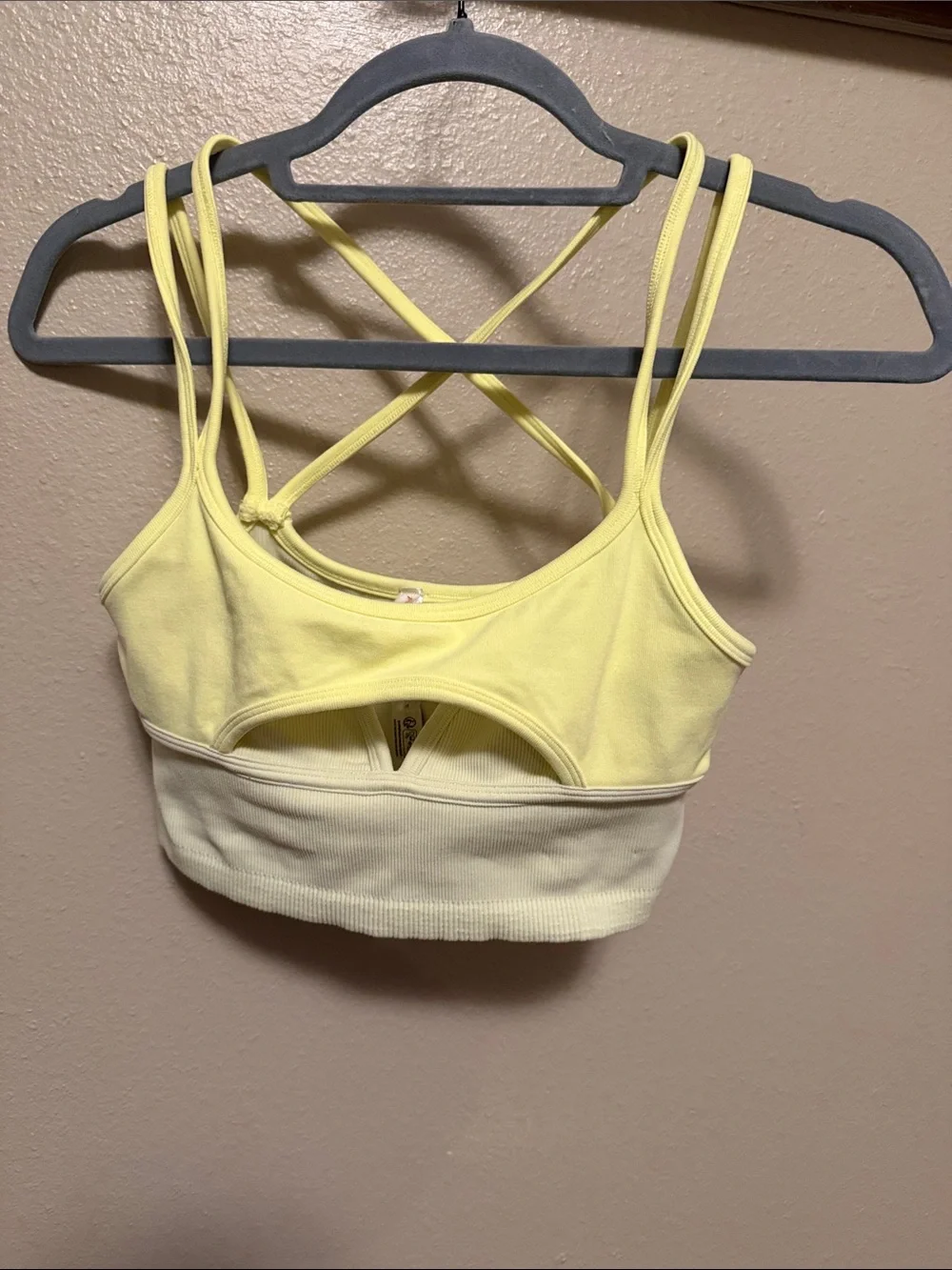 FP Movement by Free People Pale Yellow Ribbed Cross-Back Bralette
